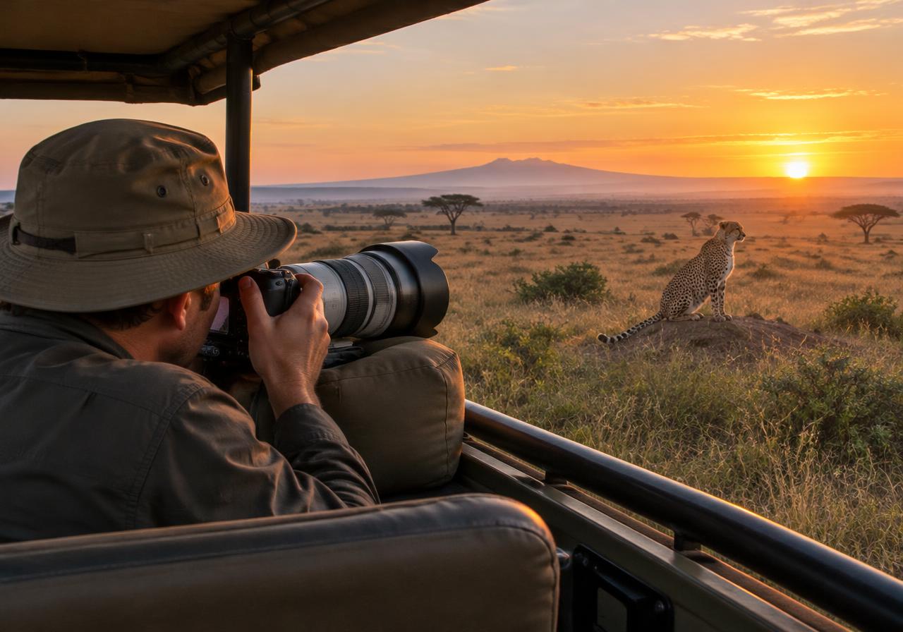 Photographer and cheetah at sunrise